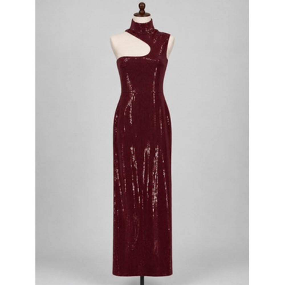 Solace London Dress 0 Red Sequin Turtleneck Cutout Maxi Bodycon Evening Gown